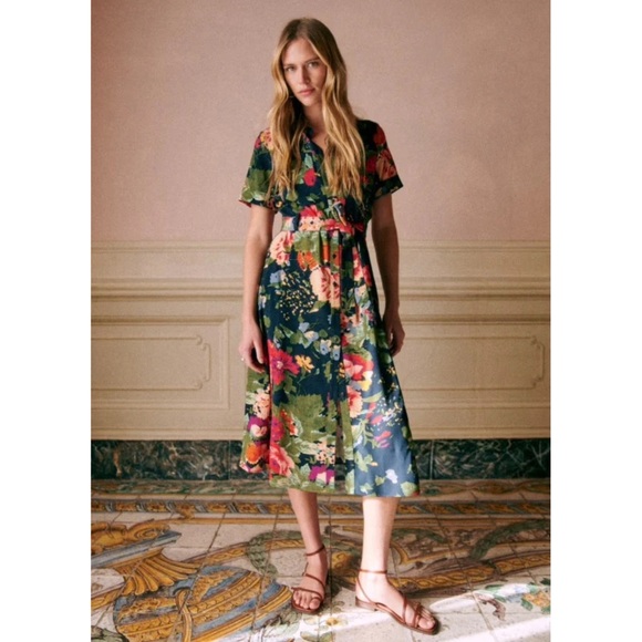 SEZANE Navy Red Floral Printed Button Down Belted Midi Shirt Dress Adele Dress - Picture 11 of 11